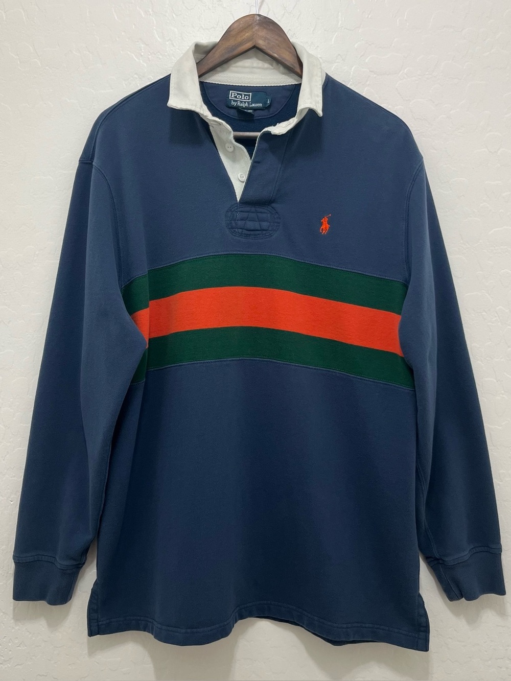 VTG Polo Ralph Lauren Rugby Shirt Mens L Fleece Lined Blue Orange Striped